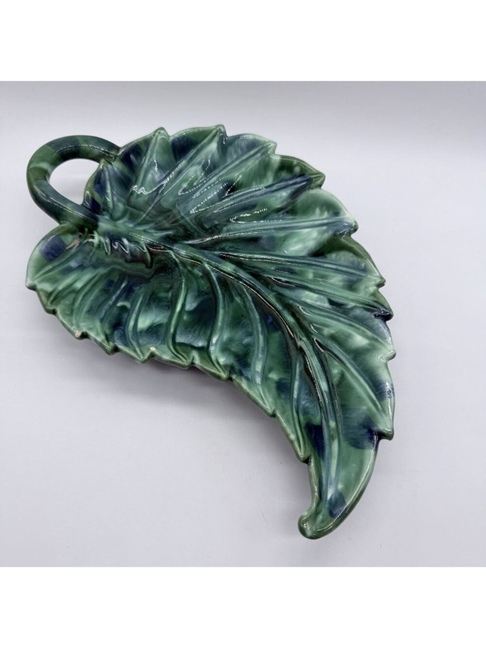 Royal Haeger Green Blue Drip Glaze Leaf Relish Tray Candy Dish USA 12x7.5